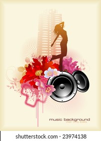 floral music-illustration with dancing girl and speakers