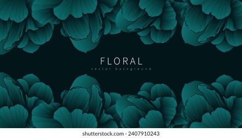 Fondo místico floral con pétalos de peonía de un inusual color turquesa. Cartel floral, pancarta, cubierta, papel pintado