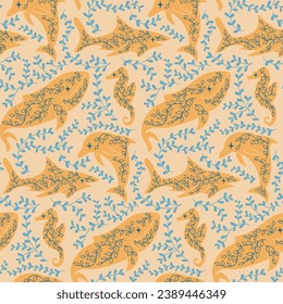 Floral mystical flat pattern with sea creatures and seaweeds. Hand drawn flat sea animals on sand color background. Good for background, wrapping, textile, background, scrapbooking. 3D Illustration