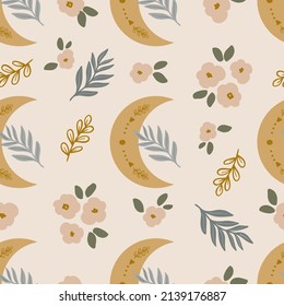 Floral mystical moon child celestial trendy modern boho seamless pattern background, vector repeating digital paper for fabric, wallpaper, stationery, textile. 