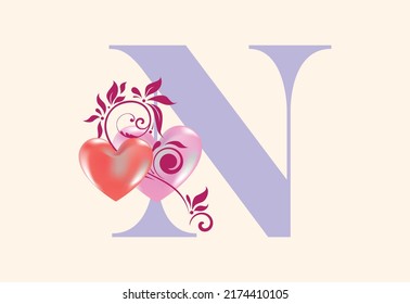 Floral N monogram letter with heart sign. Initial alphabet with botanical elements.