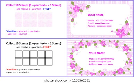 Floral name card and collect stamps. Name card and collect stamps with pink floral design.it can use for flower shop, 
invitation card or tag.