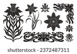Floral narcissus plant in art nouveau 1920-1930. Hand drawn narcissus in a linear style with weaves of lines, leaves and flowers. Vector illustration.