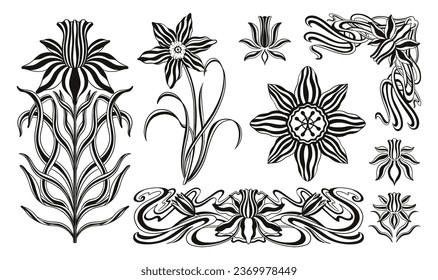 Floral narcissus plant in art nouveau 1920-1930. Hand drawn narcissus in a linear style with weaves of lines, leaves and flowers. Vector illustration.