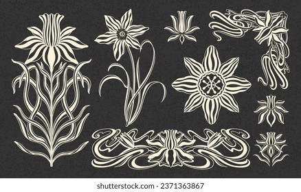 Floral narcissus plant in art nouveau 1920-1930. Hand drawn narcissus in a linear style with weaves of lines, leaves and flowers. Vector illustration.