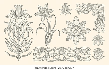 Floral narcissus plant in art nouveau 1920-1930. Hand drawn narcissus in a linear style with weaves of lines, leaves and flowers. Vector illustration.