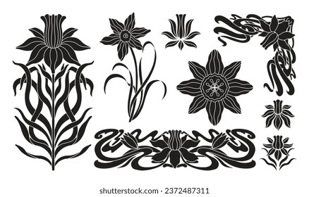 Floral narcissus plant in art nouveau 1920-1930. Hand drawn narcissus in a linear style with weaves of lines, leaves and flowers. Vector illustration.