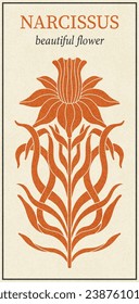 Floral narcissus plant in art nouveau 1920-1930. Hand drawn narcissus in a vintage style with weaves of lines, leaves and flowers. Vector illustration.