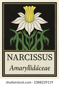 Floral narcissus plant in art nouveau 1920-1930. Hand drawn narcissus in a vintage style with weaves of lines, leaves and flowers. Vector illustration.