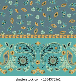 Floral natural abstract geometric pattern on green  background. Paisley ornament.  Folk art style. Hand drawing. Design for textiles, wallpapers, printed products. Vector illustration