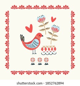 Florales natürliches abstraktes Muster, Vogel und Blume auf weißem Hintergrund. Rot und Blau. Handzeichnung. Volkskunst-Stil.  Design für Textilien, Tapeten, Druckerzeugnisse. Vektorgrafik