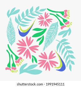 Floral natural  pattern, abstract pink flowers and green leaves on a white background. Hand drawing. Design for textiles, wallpapers, printed products. Vector illustration