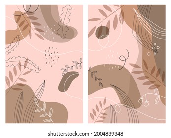 Abstrakte Flora und Natur setzen Hintergrundvektorgrafik. Zeichnung, Skizze für Wanddekoration, Karten, Banner und Plakat.