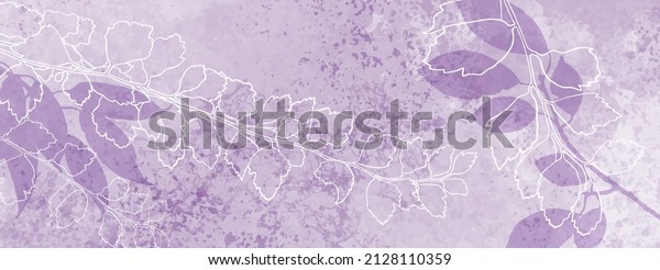 Floral nature background vector, white leaves on purple background, hand drawn rose of sharon leaves in minimal outline design on branches of plant leaves