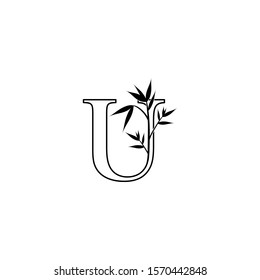 Floral Nature Bamboo Leaves Letter U logo icon. Monochrome Design concept logo outline letter U  with bamboo leaves for initial, fashion, restaurant, cafe, hotel and more brand identity.