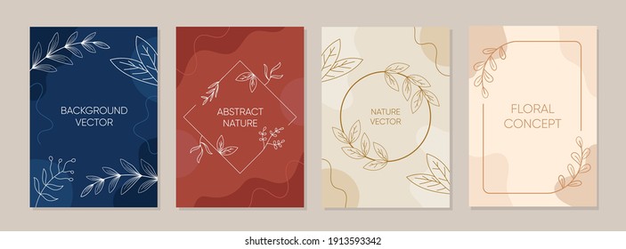 Floral nature cover with copy space for text or letter. Brochure design template and monogram concept with trendy linear style.