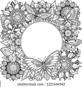 Floral nature frame in doodle style. Ornate, decorative, tribal, decor, flowers, butterflies. Black and white background. Zentangle coloring book page