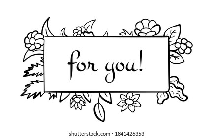 Floral nature handdrawn background. Cartoon vector clip art of a postcard cover with a title frame and natural linear leaves, plants and flowers. Black and white sketch of an invitation card template