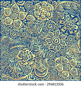 Floral nature pattern card blue and gold vector illustration