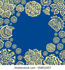 Floral nature pattern card blue and gold vector illustration