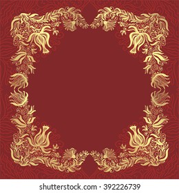 Floral nature pattern frame red and gold vector illustration