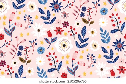 Floral nature pattern, pink paper background. Winter flowers graphics, dense texture for stationery, textile and gift wrapping, seamless backdrop.