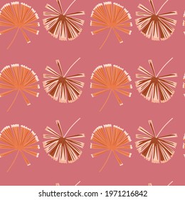 Floral nature seamless pattern with doodle palm licuala silhouettes. Pink pastel background. Simple style. Perfect for fabric design, textile print, wrapping, cover. Vector illustration.