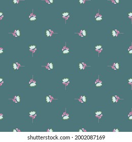 Floral nature seamless pattern with little flowers print. Turquoise background. Abstract daisy backdrop. Vector illustration for seasonal textile prints, fabric, banners, backdrops and wallpapers.