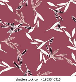 Floral nature seamless pattern with random doodle outline leaves print. Purple background. Organic ornament. Perfect for fabric design, textile print, wrapping, cover. Vector illustration.