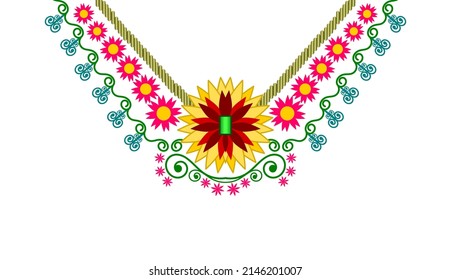floral neck design. Swirl floral neckline. Flower ethnic oriental pattern traditional. Floral necklace embroidery design for fashion women, background, wallpaper, clothing, wrapping, etc. 