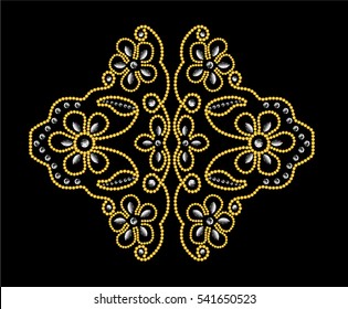 Floral neck embellishment with colorful studs.

