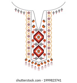 Floral necklace embroidery design. Ethnic design oriental pattern traditional.Clothing with colorful floral embroidery. long blouse designs for women. white background.