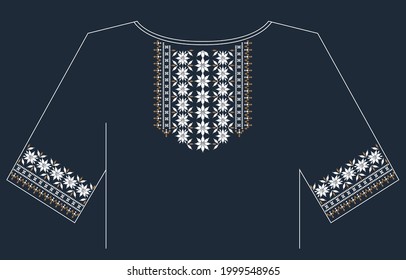 Floral necklace embroidery design. Ikat Ethnic oriental pattern traditional.Clothing with floral embroidery. long blouse designs for women with medium length sleeves.Blue background with white ikat.