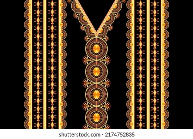 Floral necklace embroidery.Textile design for collar shirts, shirts, blouses,T-shirts, fashion woman,wallpaper,clothing,texture anf fabric. tribal necklace pattern traditional on black background.