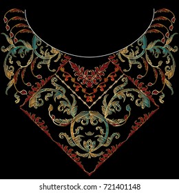 Stickerei mit Blumennektline. Vektorschraffierung Grunge Textur. Farbige Tapisserien-Vintage-Blumen. Antike barocke Ornamente mit Rahmen. Stickiges modernes, reichhaltiges Design. Stickereimode. 