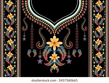 Floral neckline embroidery vintage style on black background. Geometric oriental pattern design for textile, print, texture, fabric, clothing, wrapping, decoration, neckline.