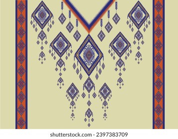 Floral Neckline Pattern blue on cream Traditional oriental geometric pattern on cream background, abstract Aztec style vector illustration design for fashion woman wearing decorative clothing.