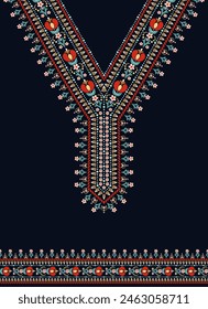 Diseño de patrón de escote floral en estilo de arte popular escandinavo con un fondo azul oscuro. Conveniente para el bordado o la impresión en el cuello en V de kaftan, túnica, camisa africana dashiki, y kurti indio.