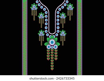 Floral Neckline Pattern in green, purple on black in traditional geometric pattern, abstract Aztec style vector illustration design for fashion woman wearing decorative clothing.