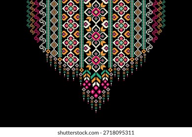 Padrão de decote floral no vetor de fundo preto, ilustração vetorial, decote de ponto transversal floral, padrão de design étnico geométrico, backgroun.design abstrato para textura, tecido, roupas, impressão, moda.