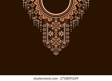 Floral neckline pattern on chocolate background,vector,vector illustration,floral cross stitch neckline,geometric ethnic design pattern,abstract backgroun.design for texture,fabric,clothing,print,fashion,batik.