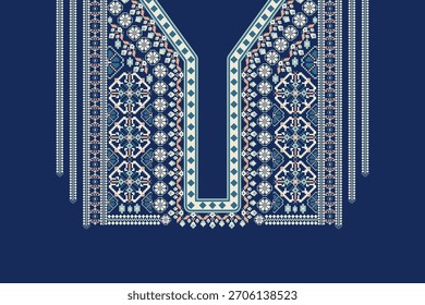 Floral neckline pattern on navy blue background vector,vector illustration,floral cross stitch neckline,geometric ethnic design pattern,abstract backgroun.design for texture,fabric,clothing,print