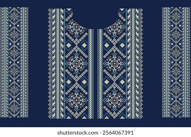 Floral neckline pattern,geometric ethnic oriental neckline pattern on navy blue background,Aztec style,abstract background,vector illustration.design for texture,fabric,clothing,decoration,neckline.