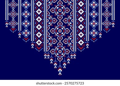 Floral neckline pattern,geometric ethnic oriental neckline pattern on blue background,Aztec style,abstract background,vector illustration.design for texture,fabric,clothing,decoration,neckline,print 