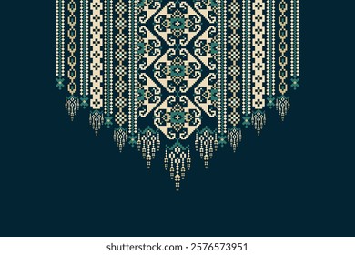 Floral neckline pattern,geometric ethnic oriental neckline pattern on blue background,Aztec style,abstract background,vector illustration.design for texture,fabric,clothing,decoration,neckline,print 