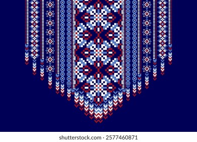 Floral neckline pattern,geometric ethnic oriental neckline pattern on blue background,Aztec style,abstract background,vector illustration.design for texture,fabric,clothing,decoration,neckline,print 