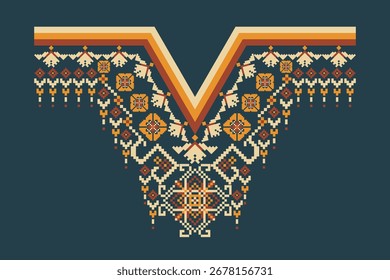 Padrão decote floral,padrão decote no fundo azul marinho,ilustração vetorial,padrão de design de pescoço,padrão étnico étnico geométrico oriental tradicional.design para textura,tecido,roupas,decoração.