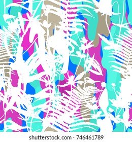 Floral neon vector leaves seamless pattern of wild stems, grass white silhouettes background. Outlines camouflage background trendy colour. Foliage allover seamless fabric backdrop.