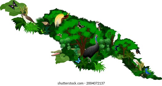 mapa floral de Nueva Guinea con animales - ilustración vectorial	