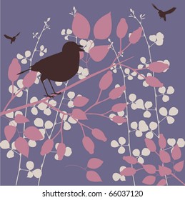Floral night scene - bird sitting on a tree